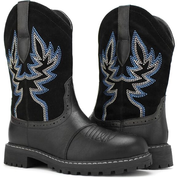 Hawkwell Women's Black Fashion Mid Calf Round Toe Embroidered Western Boots - Picture 1 of 6